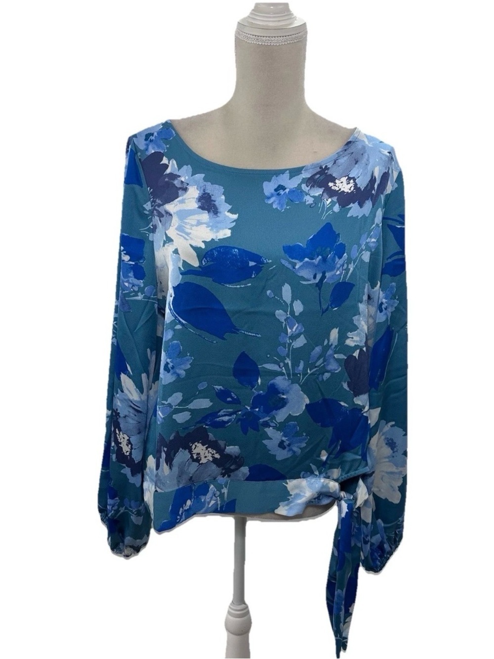 Tahari ASL Teal & Blue Floral Tie-Front Long Sleeve Blouse